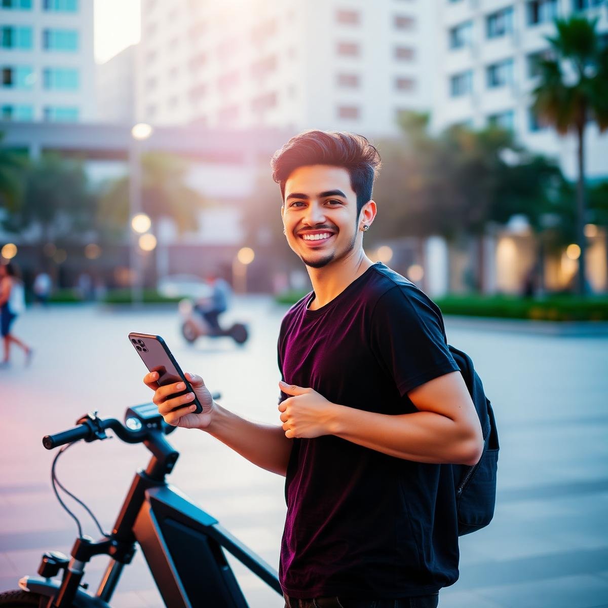 Pessoa protegida usando smartphone ao lado de uma bike elétrica na cidade
